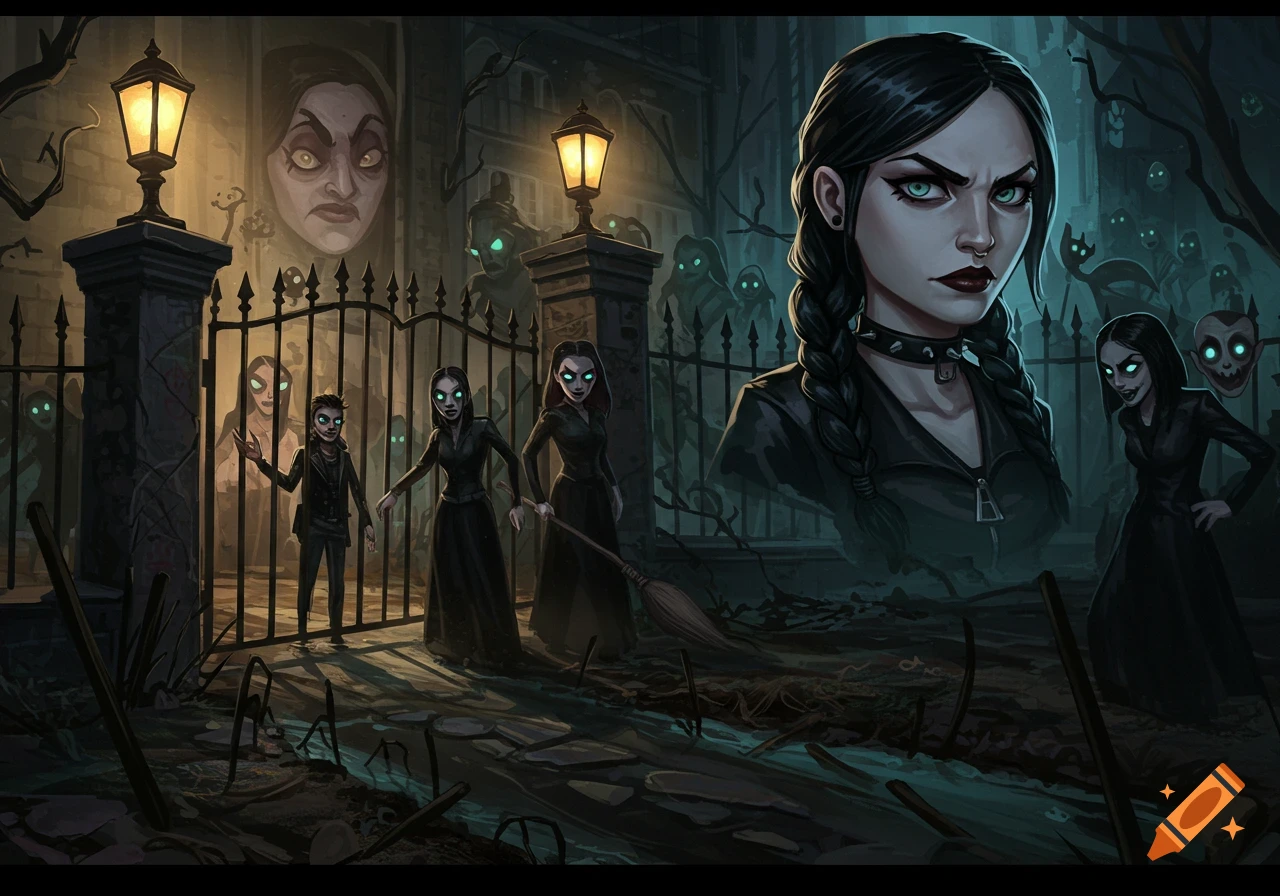 Gothic illustration of figures with glowing eyes outside a spooky gate at night.