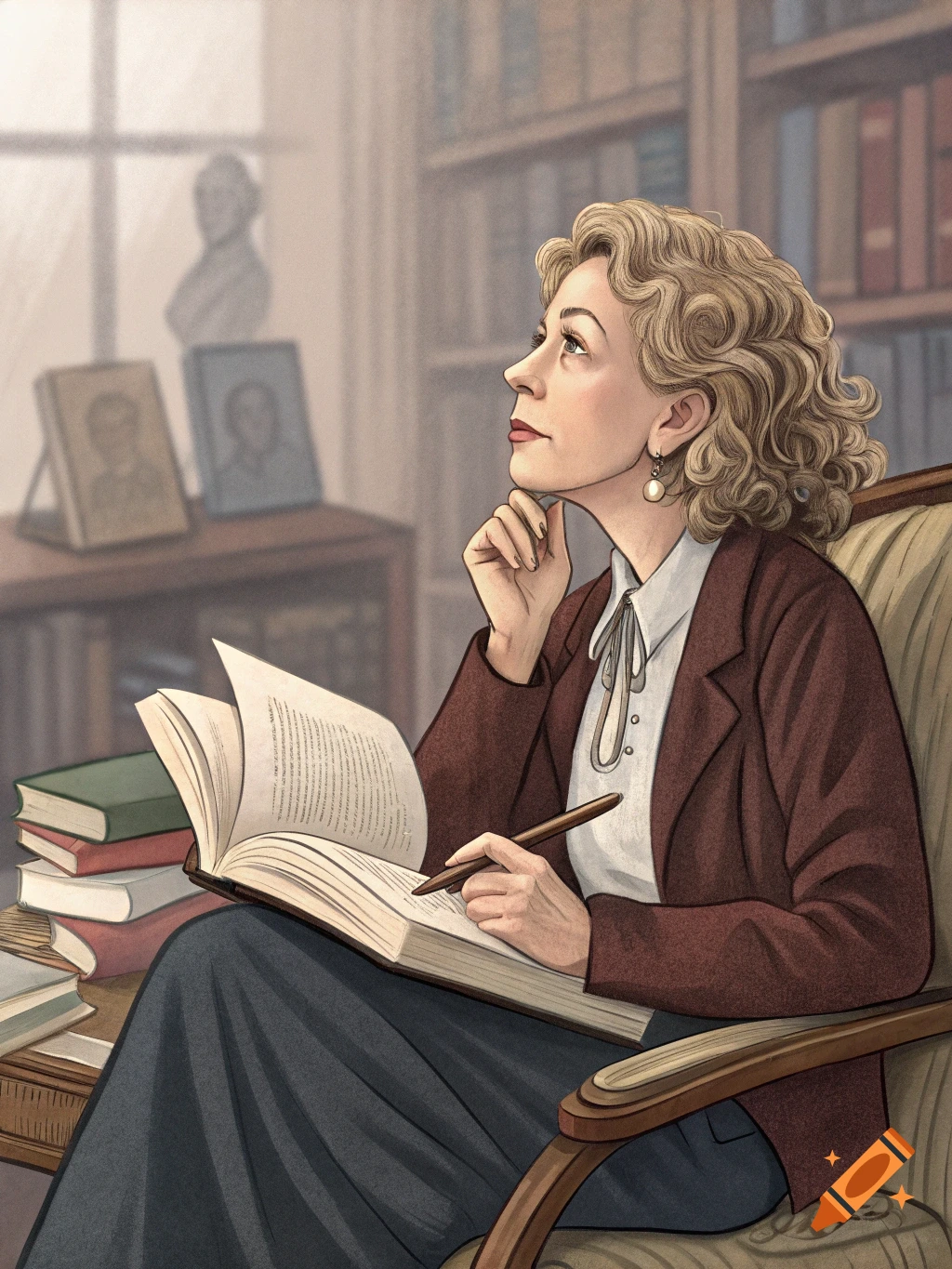 Illustration of a woman writing in a book in a library