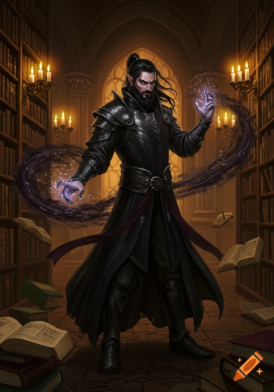 A dark fantasy sorcerer casts a spell in a library.
