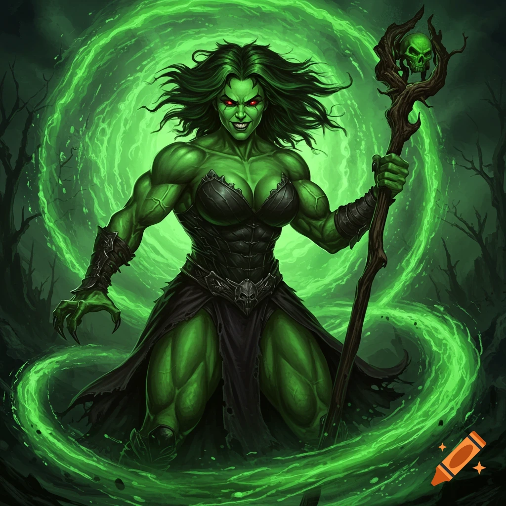 Muscular green woman with red eyes holding a skull staff, surrounded by green magic in a dark forest.