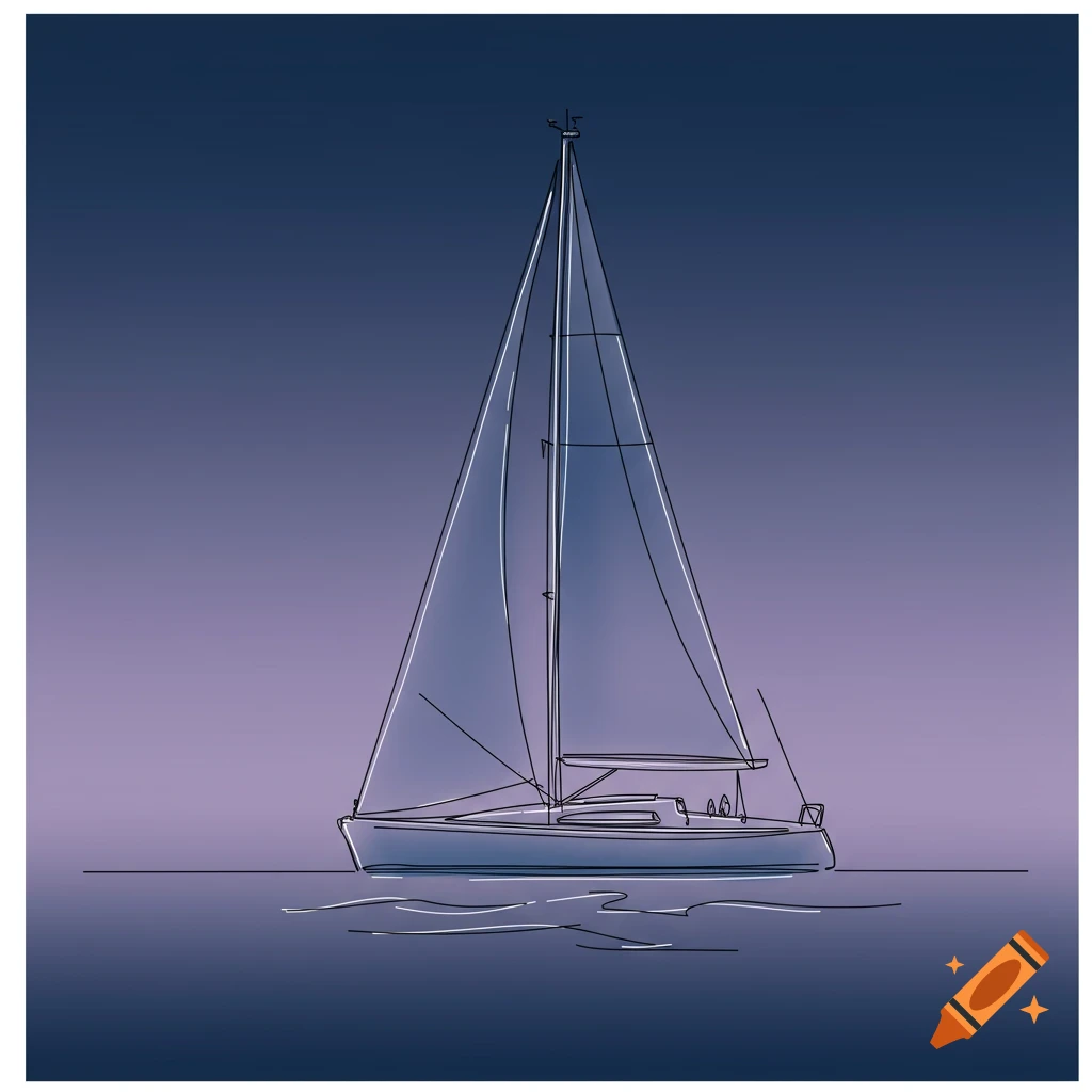 A line art drawing of a sailboat on calm water against a gradient sky.