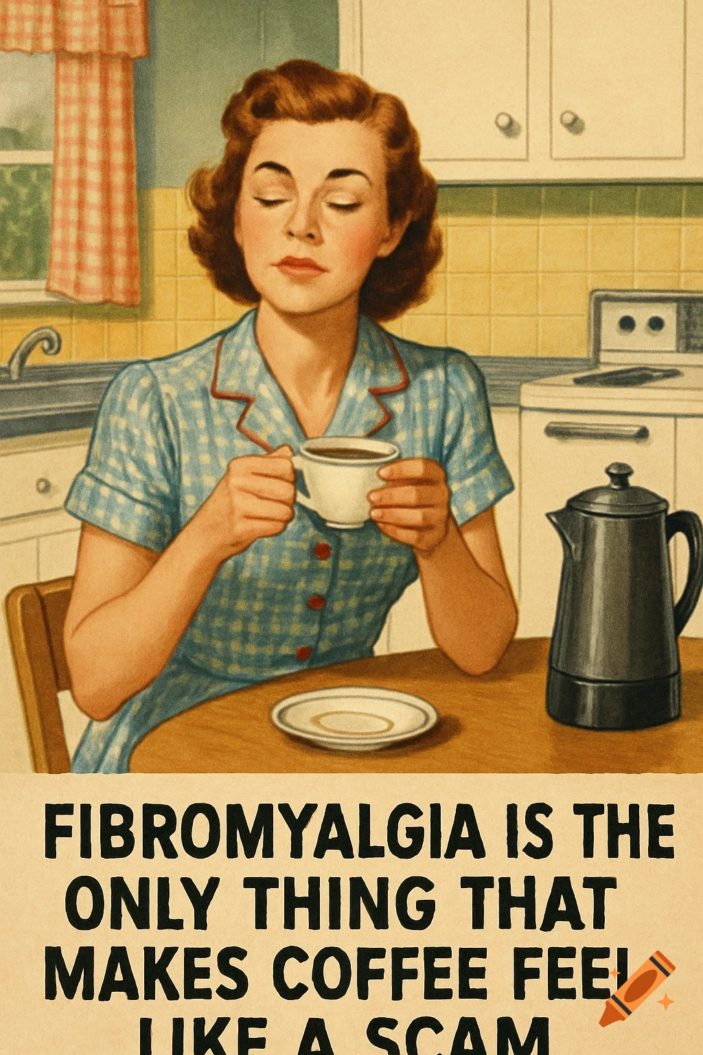 Vintage illustration of a woman holding coffee in a kitchen with text.