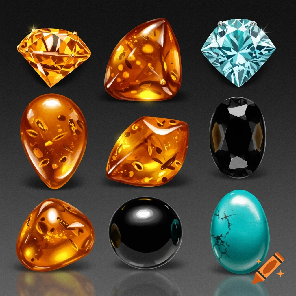 A collection of polished gemstones including orange amber, blue diamond, black onyx, and turquoise on a dark background.