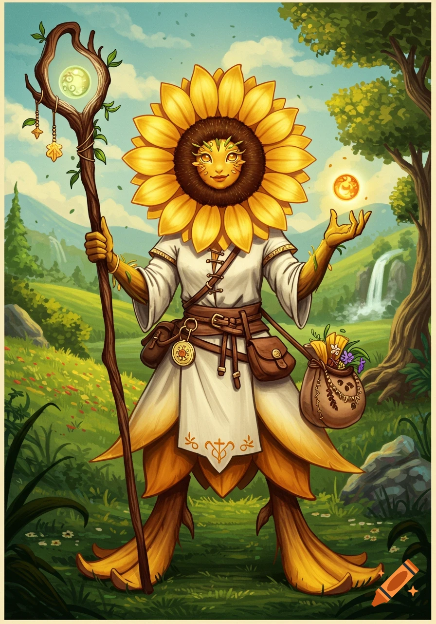 Fantasy character with a sunflower head holding a staff in a landscape with a waterfall, illustration.