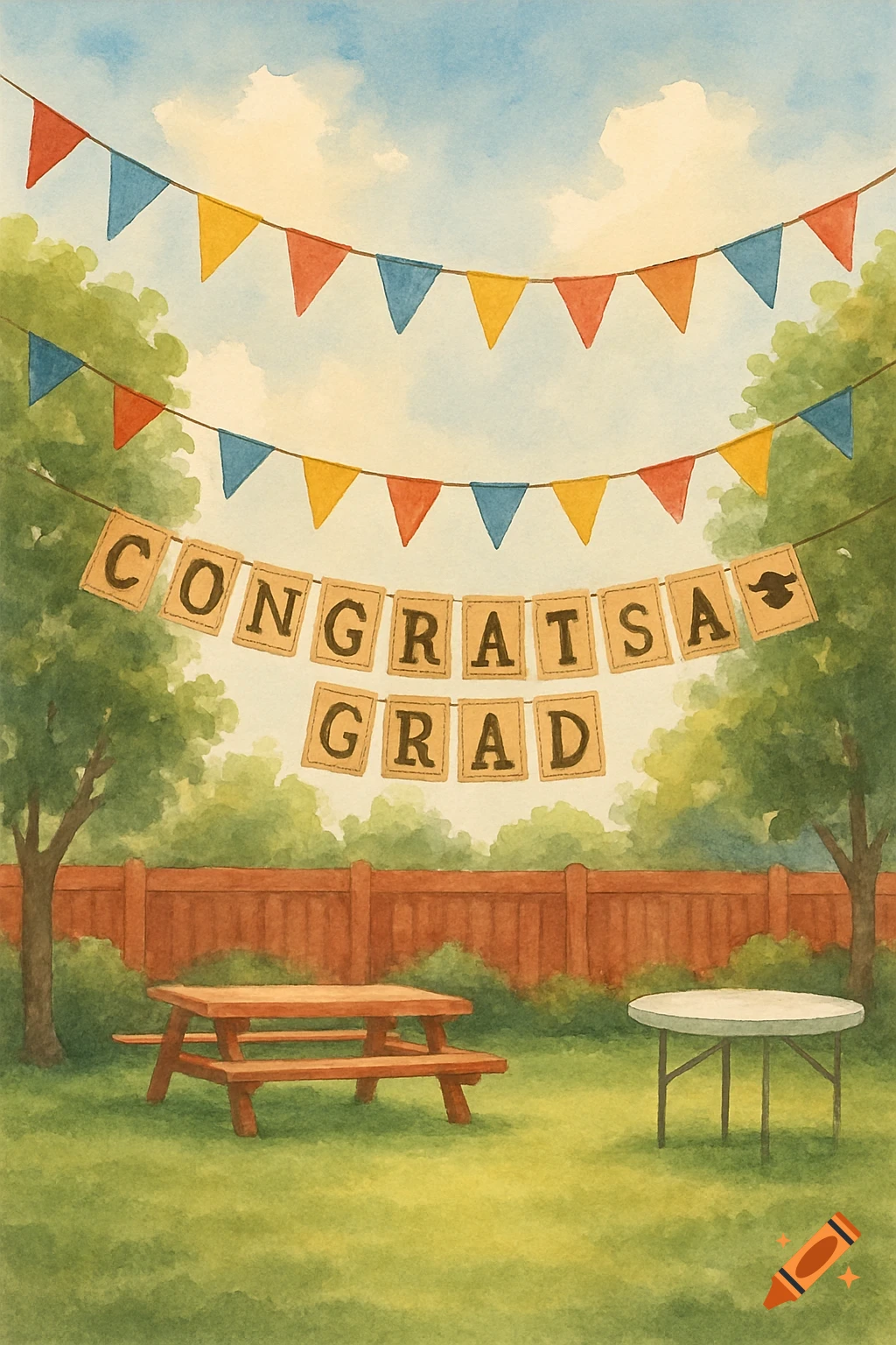 Watercolor backyard graduation party with banner 'CONGRATSA GRAD', flags, picnic table.