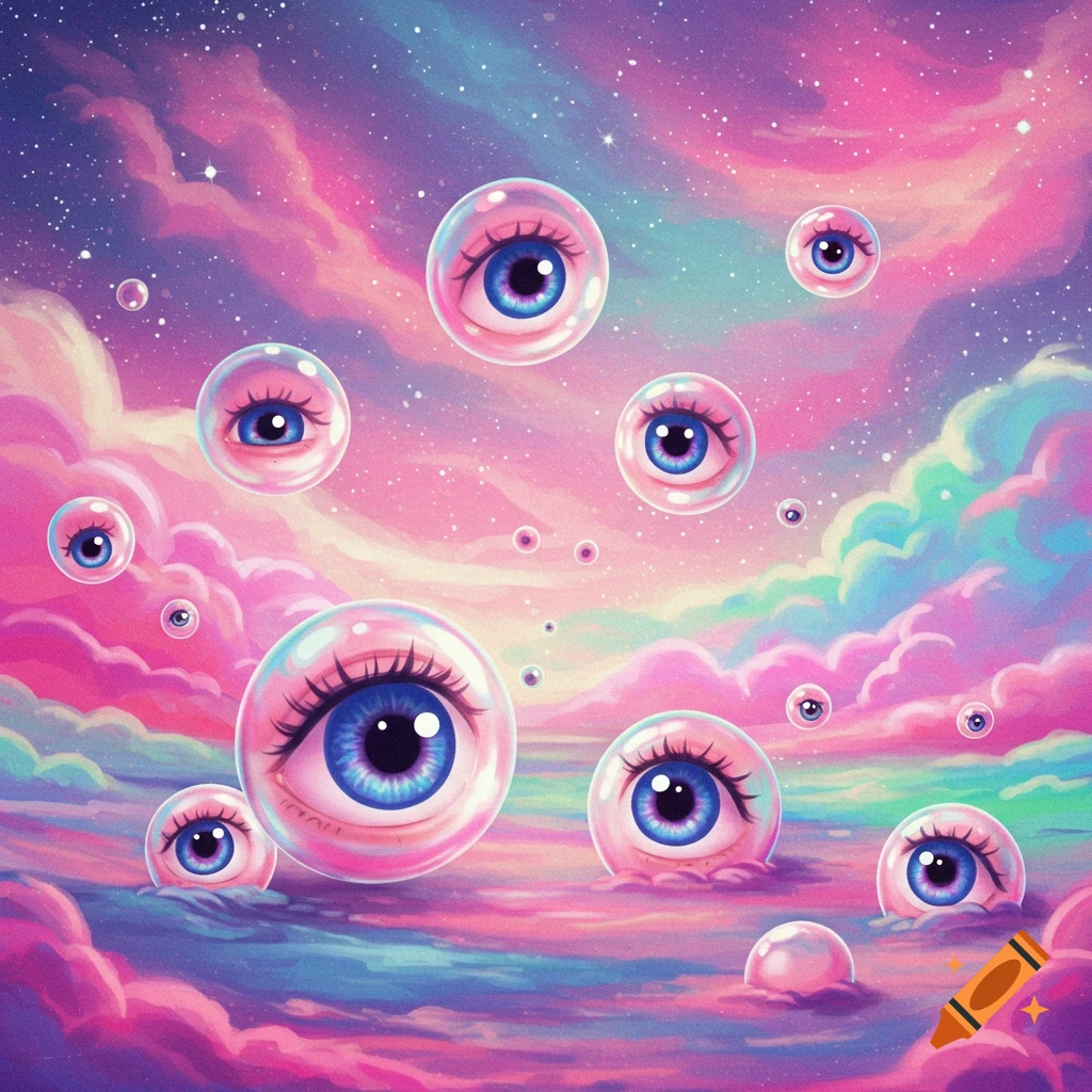 Surreal painting of blue eyes inside bubbles floating in a vibrant pink and purple sky and water.