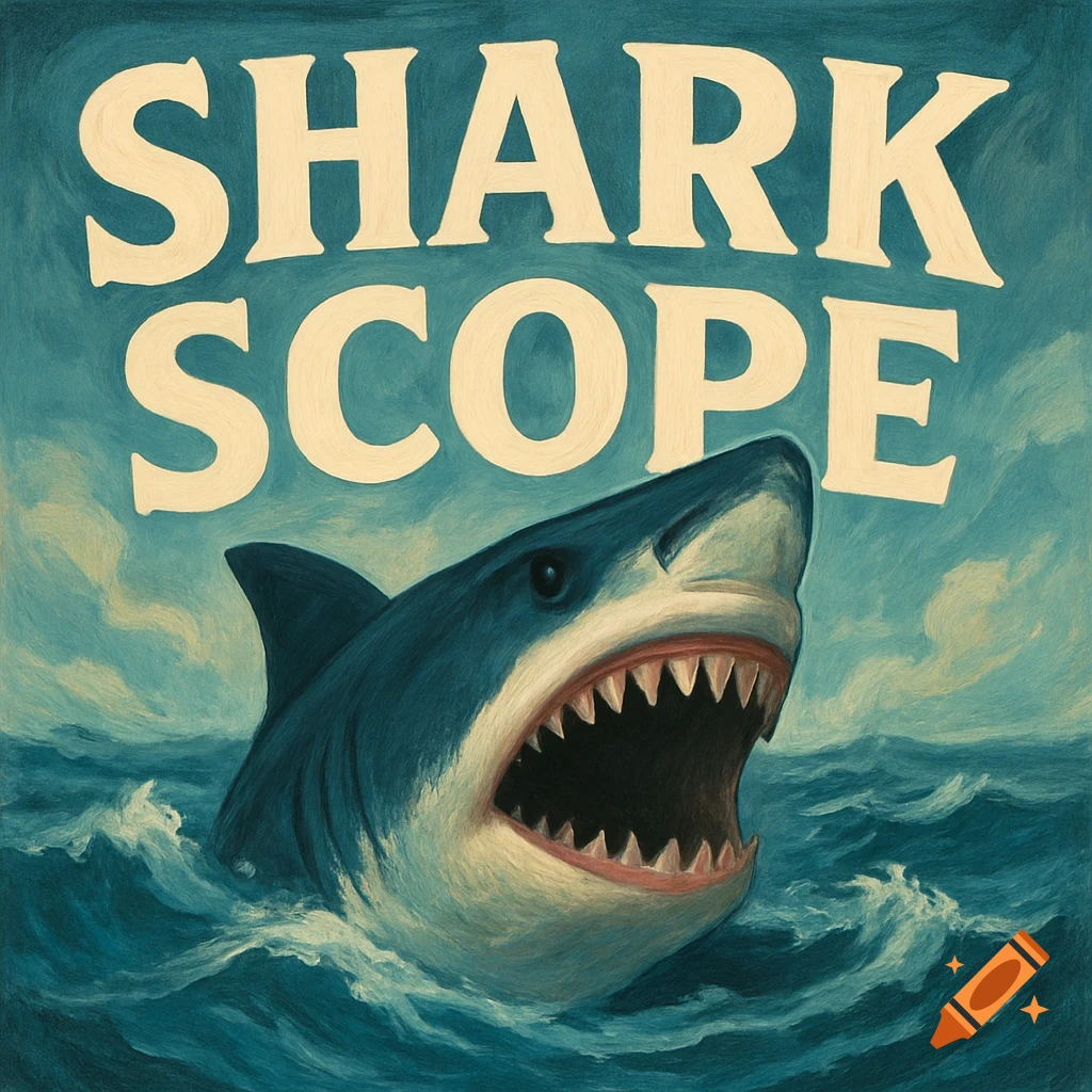 Painted illustration of a shark with open mouth in the ocean, with large text 'SHARK SCOPE' above.