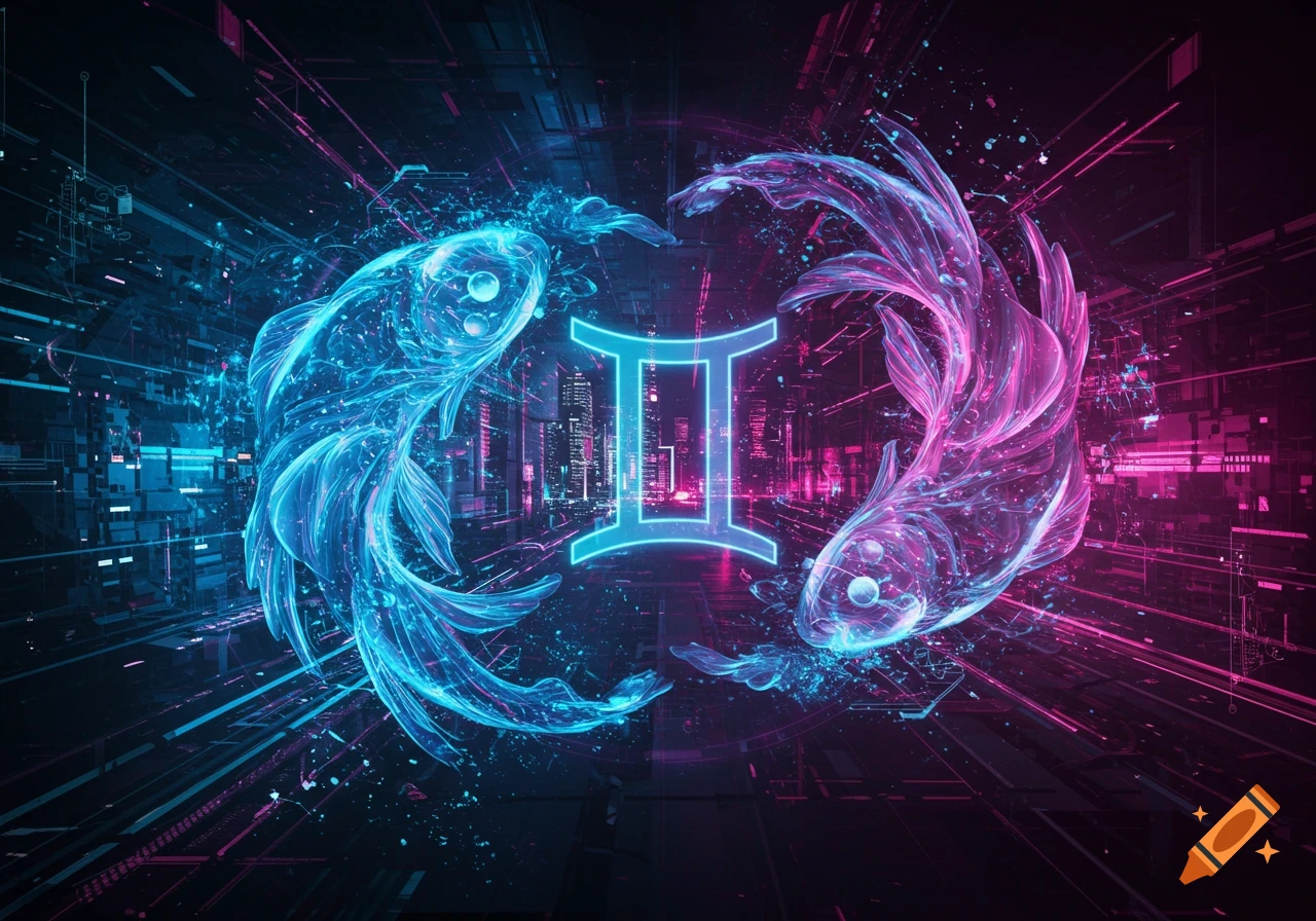 Cyberpunk style illustration of the Gemini symbol with two swirling, glowing fish in blue and pink.
