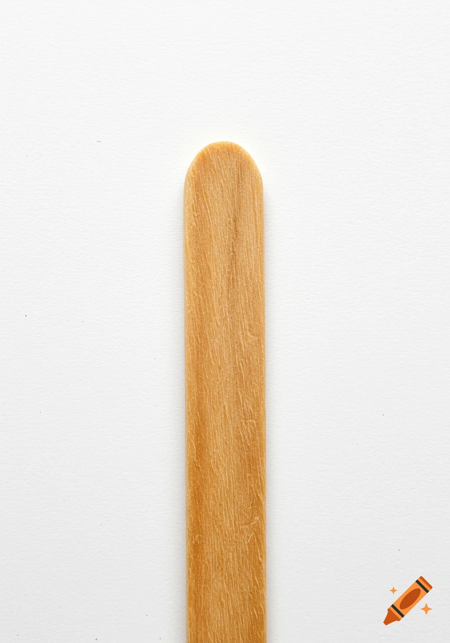 A close-up shot of a single wooden stick centered vertically on a plain white background.