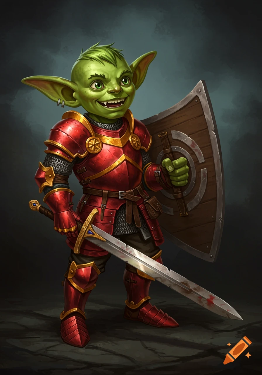 A cartoonish goblin in red medieval armor holds a sword and shield.