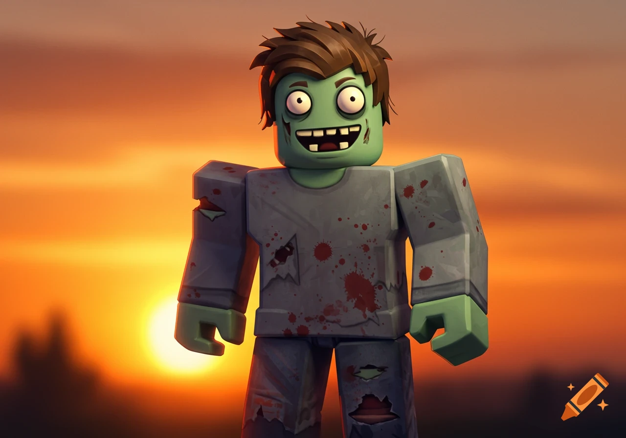 Roblox style zombie character against a sunset background