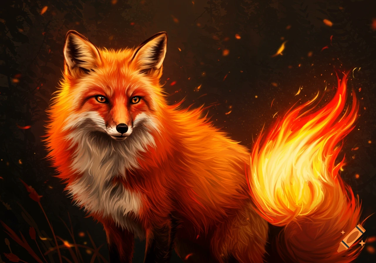 A digital illustration of a fox with a tail of fire standing in a dark forest.