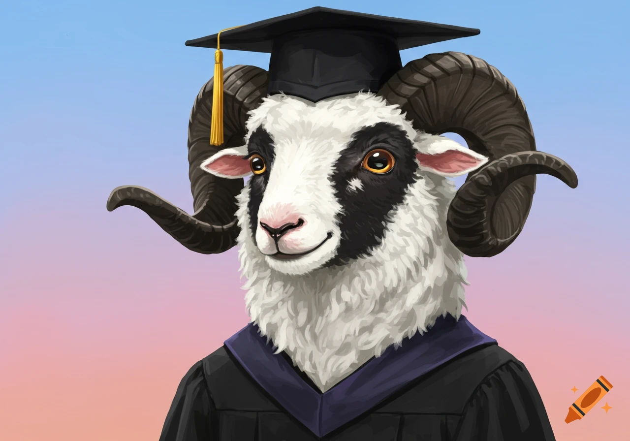A cartoon ram wears a graduation cap and gown