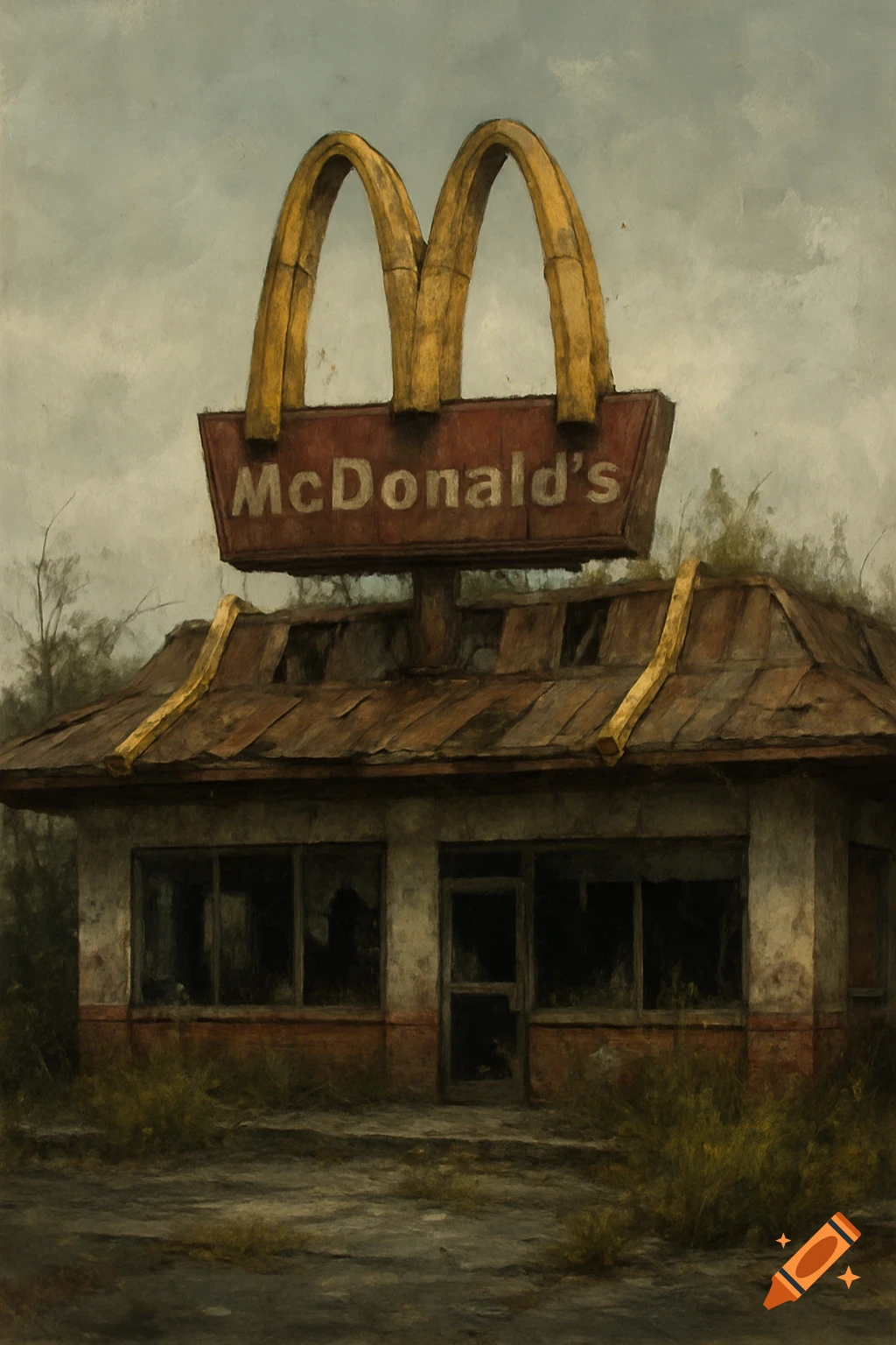 A dilapidated McDonald's restaurant with a rusty sign, broken windows, and overgrown weeds under a cloudy sky.