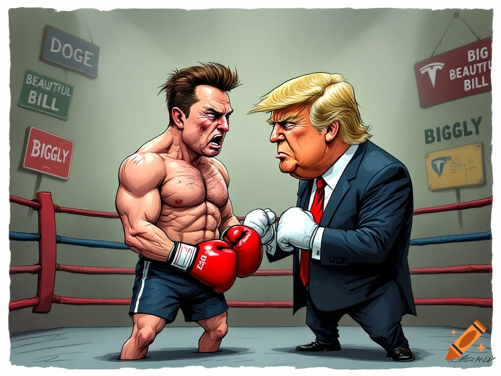 Cartoon caricature of Elon Musk and Donald Trump boxing in a ring.