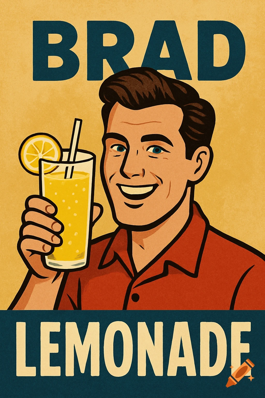 Vintage style illustration of a smiling man holding a glass of lemonade, with the text BRAD and LEMONADE.