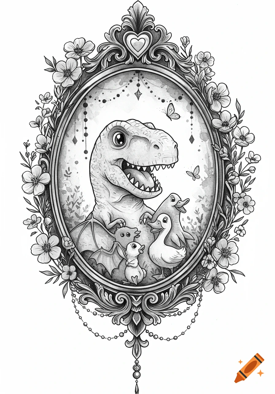 Black and white sketch of a T-Rex, bat, and ducks in an ornate floral frame.