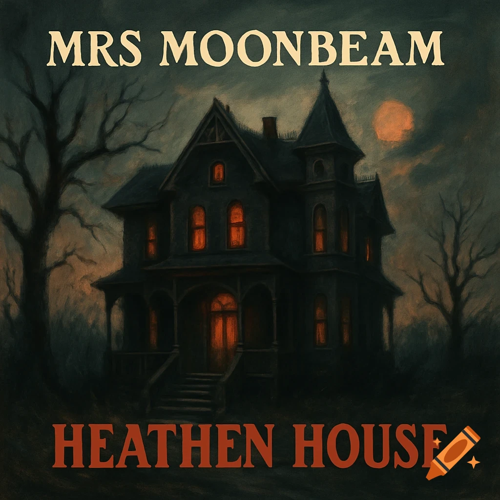 A painting of a spooky, dark house at night with glowing windows under a full moon and bare trees. Text reads "MRS MOONBEAM" and "HEATHEN HOUSE".
