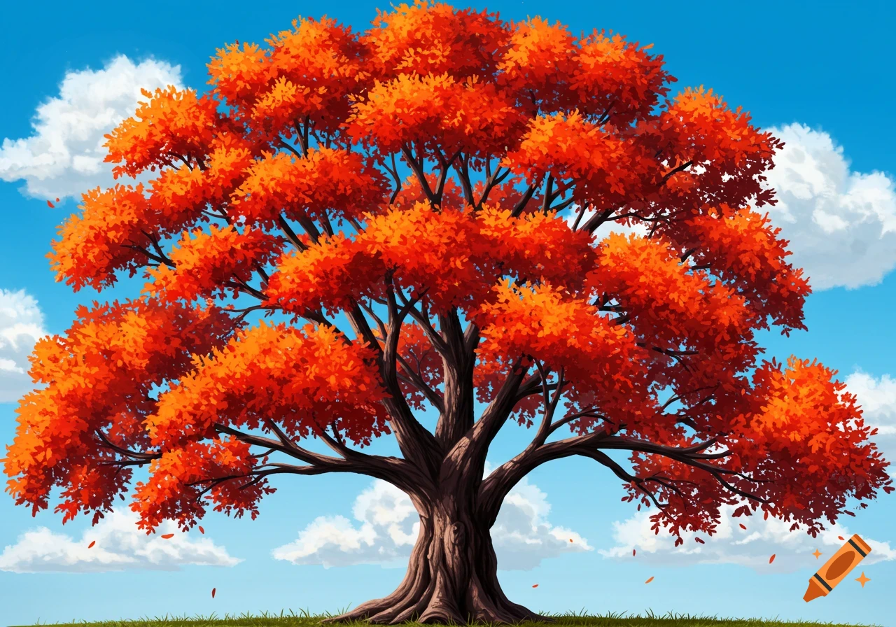 A large, stylized tree with bright orange leaves stands against a blue sky with clouds and falling leaves.