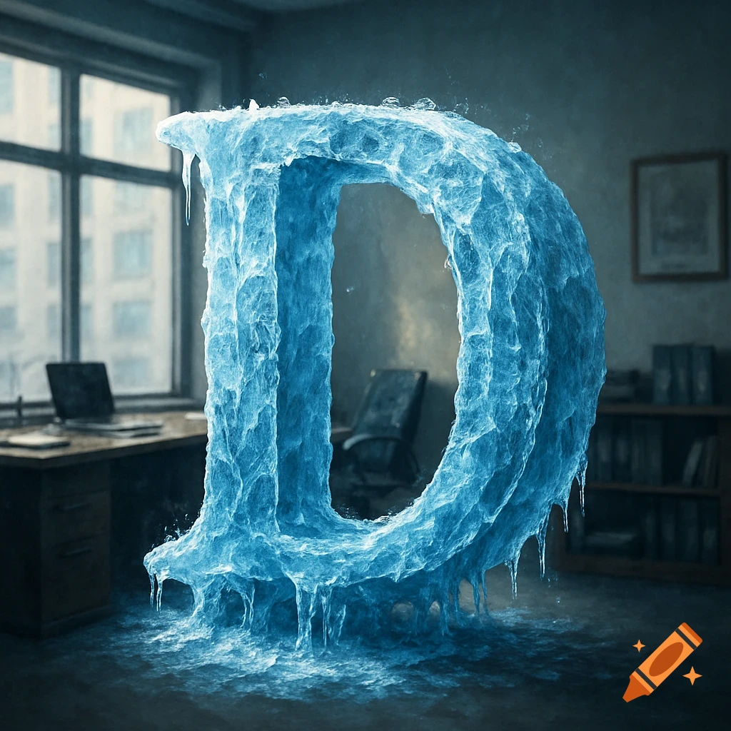 A large ice sculpture of the letter D sits in an office room, melting slightly.