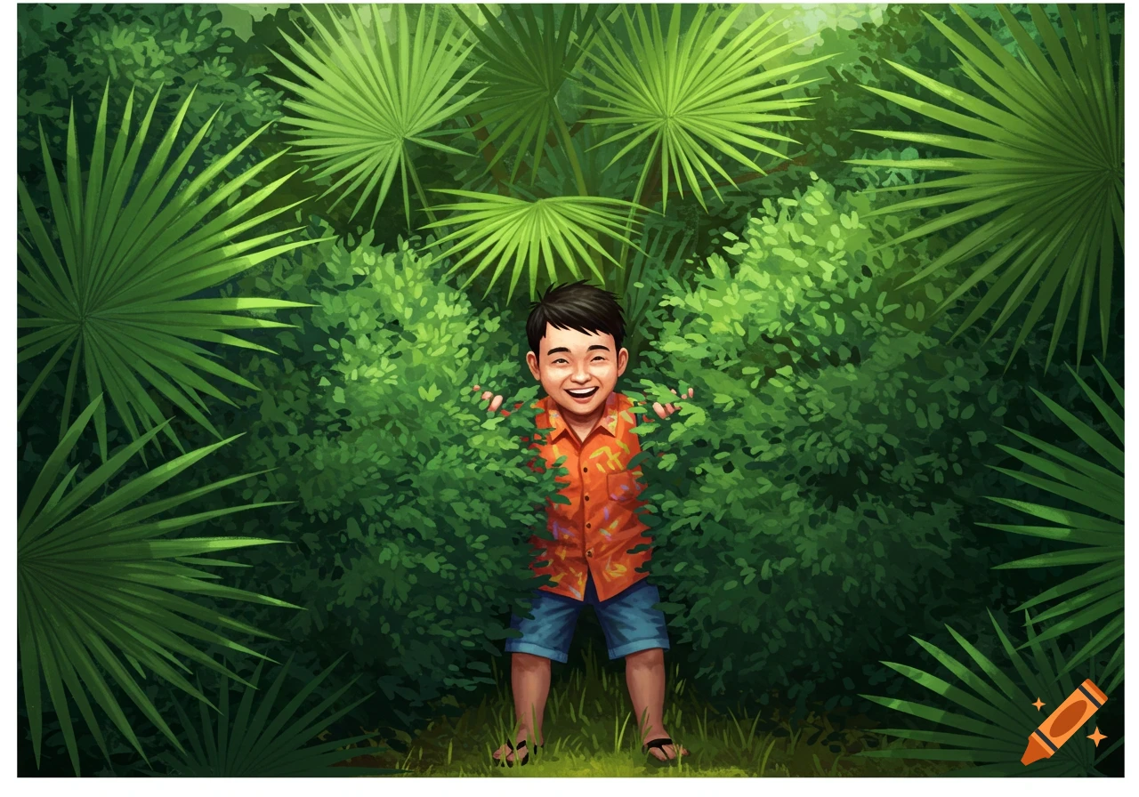 Illustration of a happy boy hiding in dense green bushes and large tropical leaves.