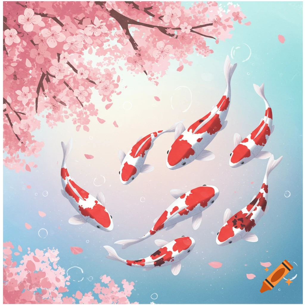 Several red and white koi fish swim under pink cherry blossoms. Illustration.