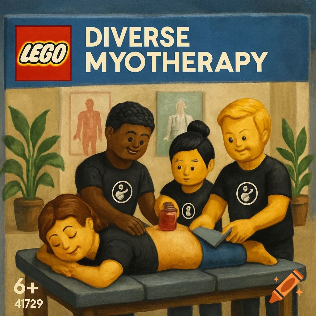 LEGO box cover for 'Diverse Myotherapy' set showing minifigures performing massage, cupping, and scraping therapy.
