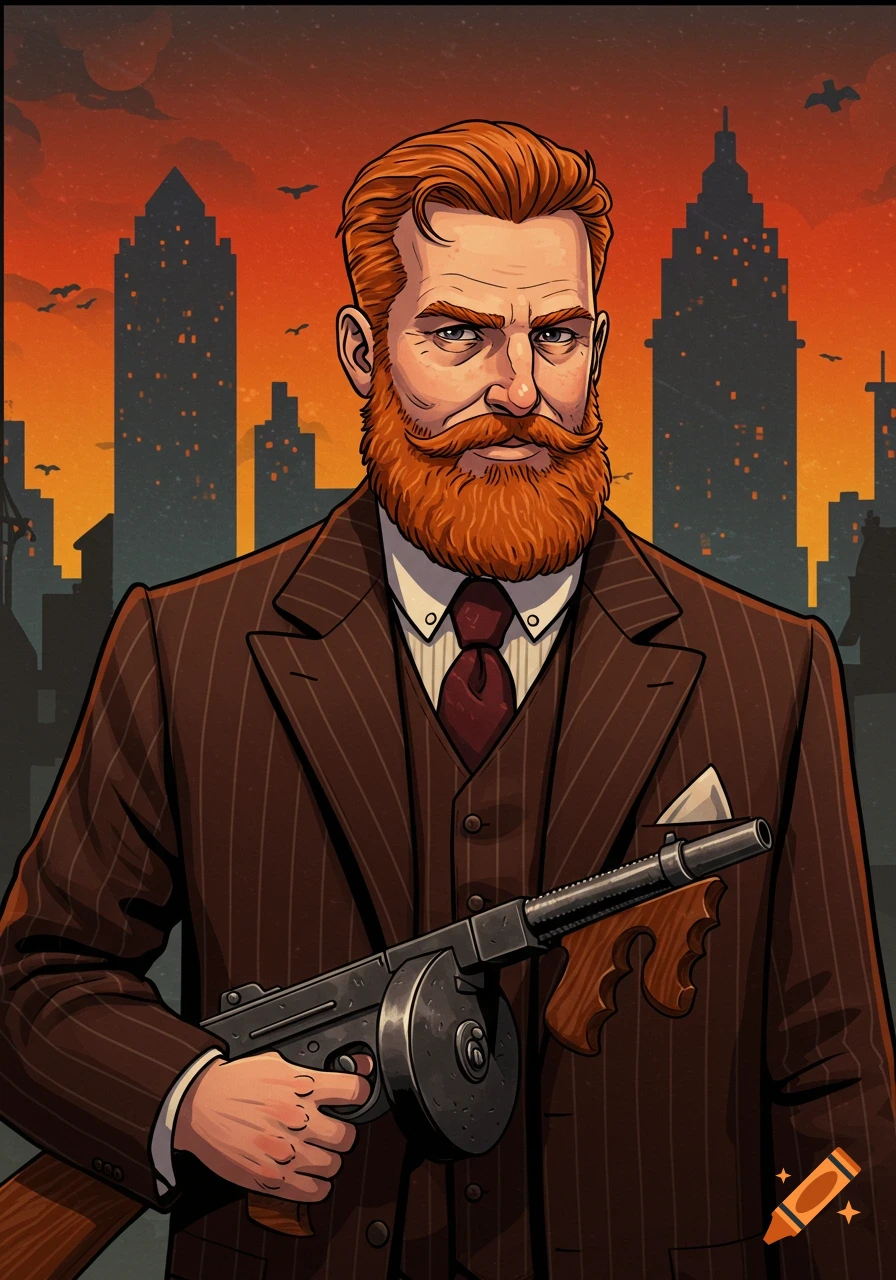 Illustration of a ginger man in a suit with a Tommy gun in front of a city skyline.