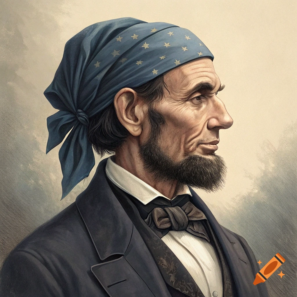 Portrait of Abraham Lincoln wearing a blue bandana with stars.