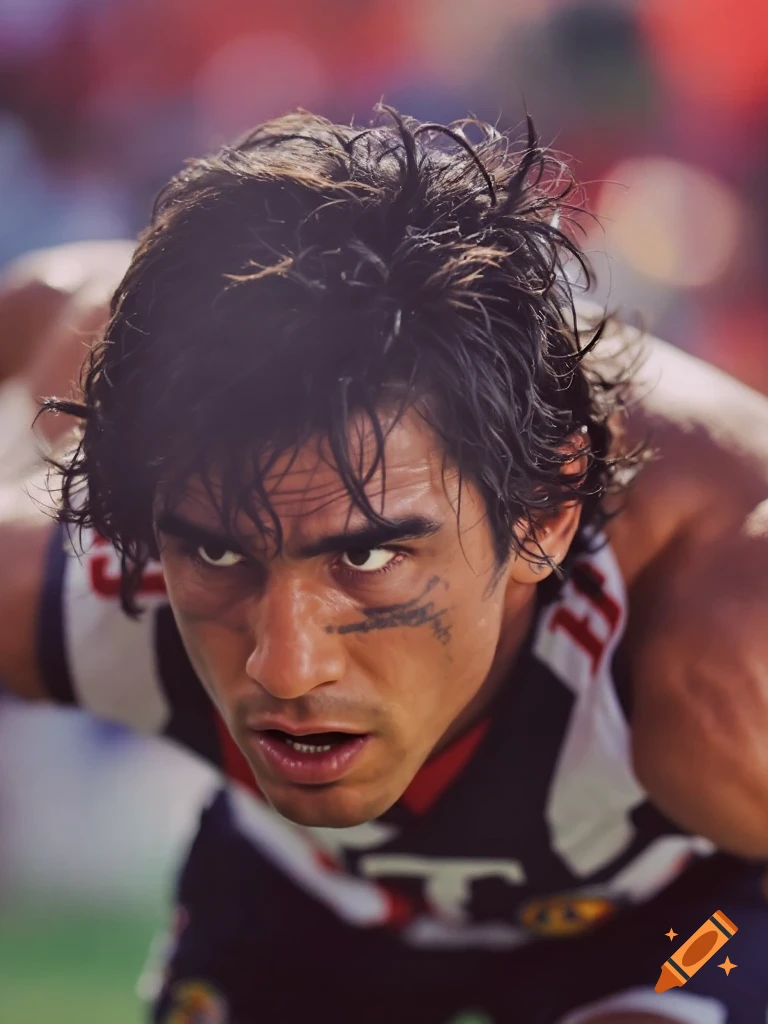 Close-up of a male athlete with eye black in a sports uniform, crouching with an intense expression.