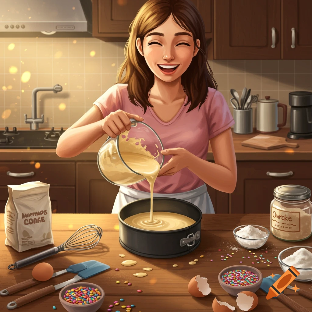 Woman pouring batter into a cake pan in a kitchen