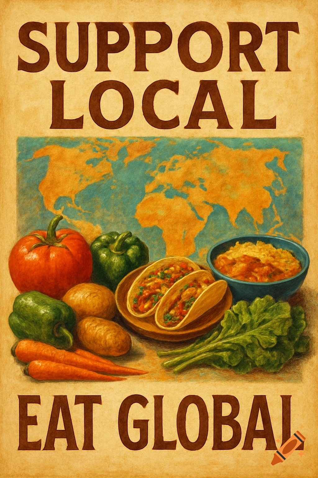 A poster with the text 'SUPPORT LOCAL' and 'EAT GLOBAL' above and below a display of fresh vegetables, tacos, and a bowl of food, with a world map in the background.