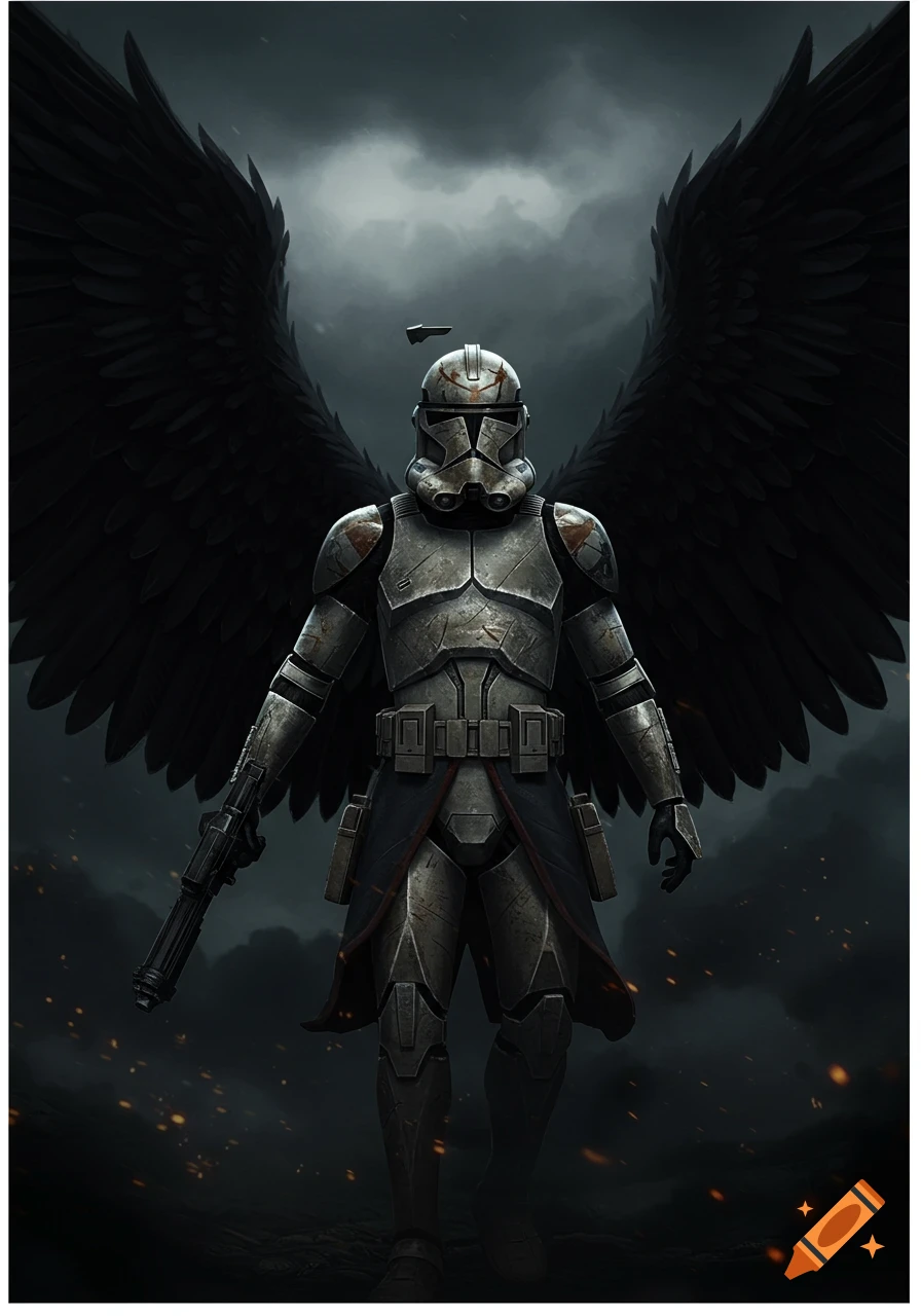 A Clone Trooper stands in tactical armor with large black wings spread behind it, under a dark, cloudy sky.