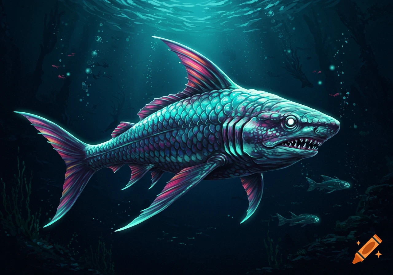 Large, colorful fish with sharp teeth swims underwater, digital illustration.