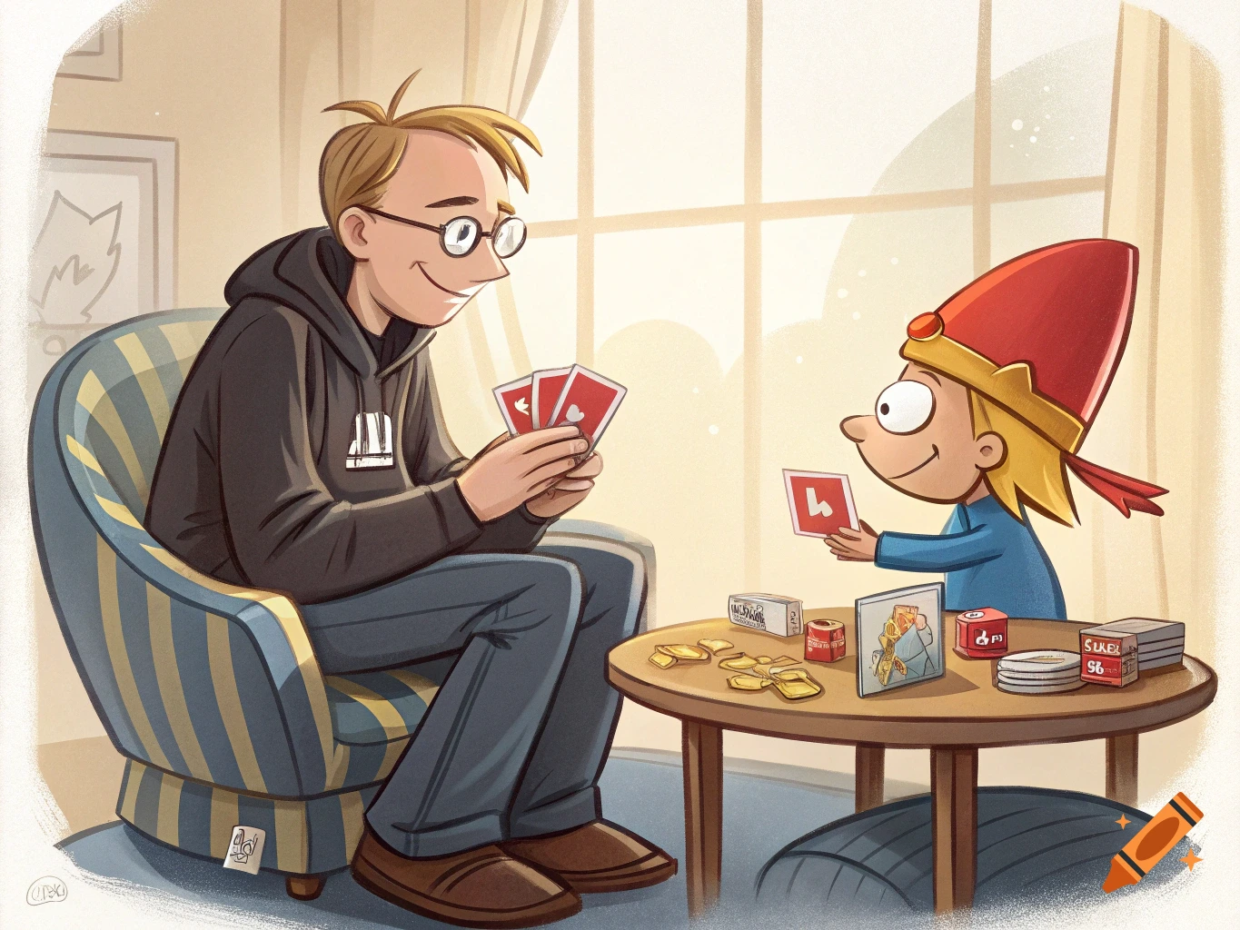 A cartoon man and child playing cards at a table.