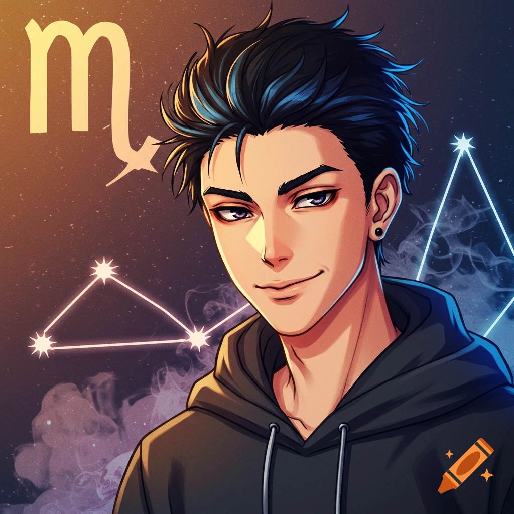 Anime boy with dark hair and smirk, wearing a hoodie, against a space background with Scorpio symbol and constellations.