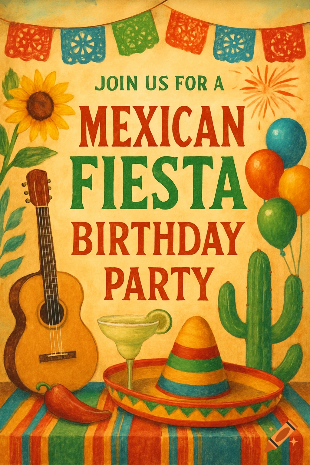 Colorful illustration for a Mexican fiesta birthday party invitation with text, guitar, cactus, sombrero, balloons, and flags.