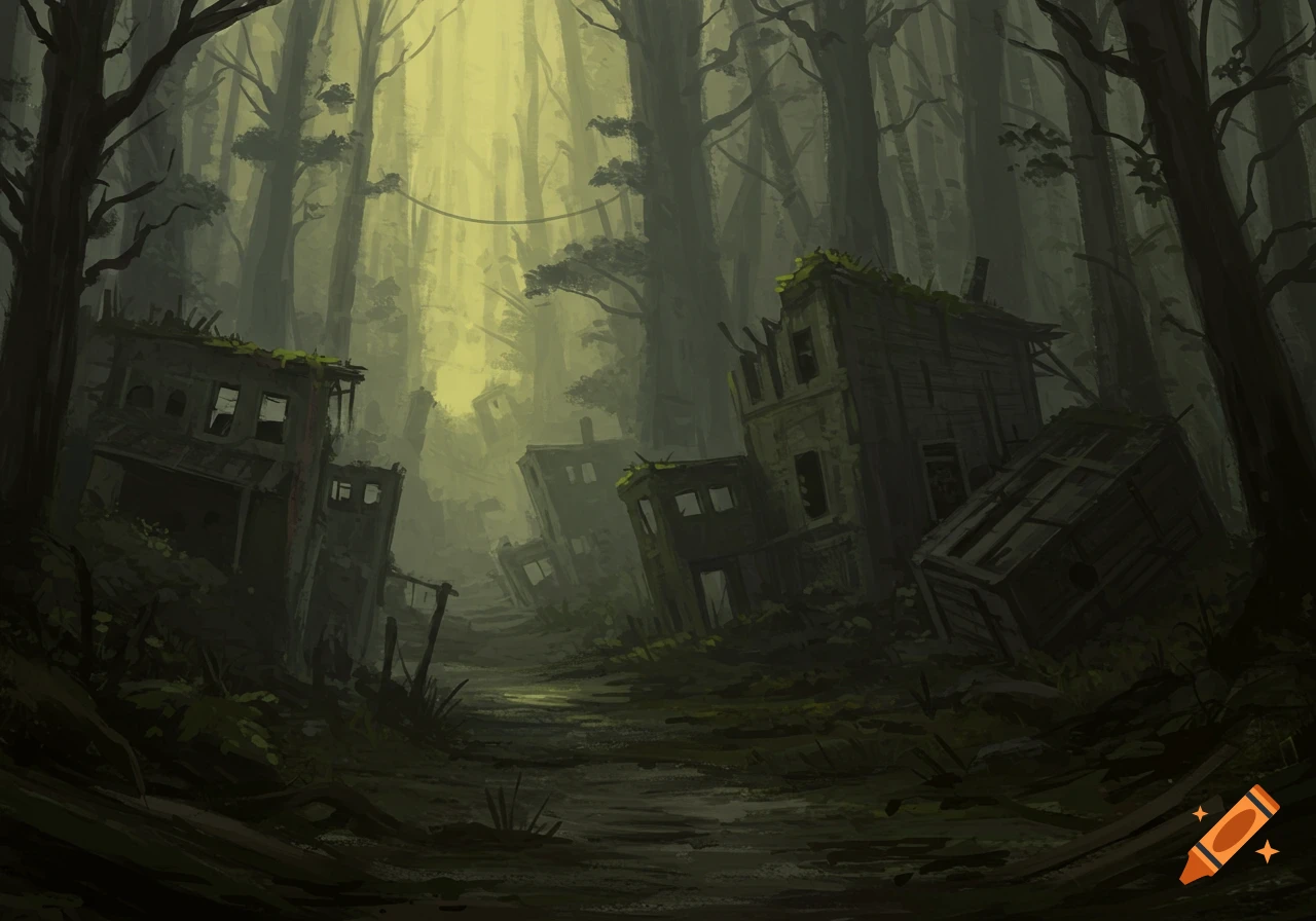 Gloomy forest with decayed buildings in a painting style.