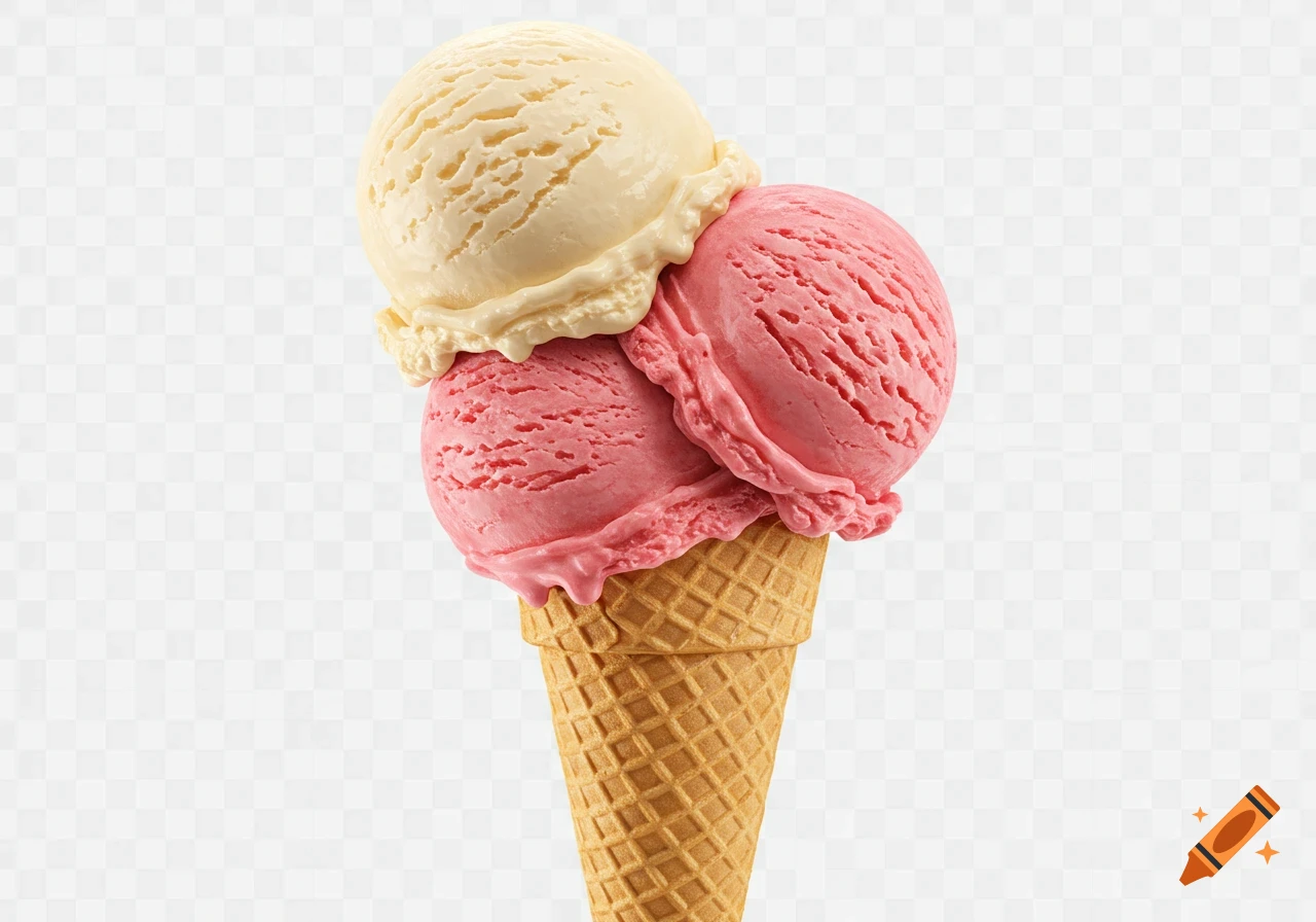 Two scoops of ice cream on a cone with a transparent background