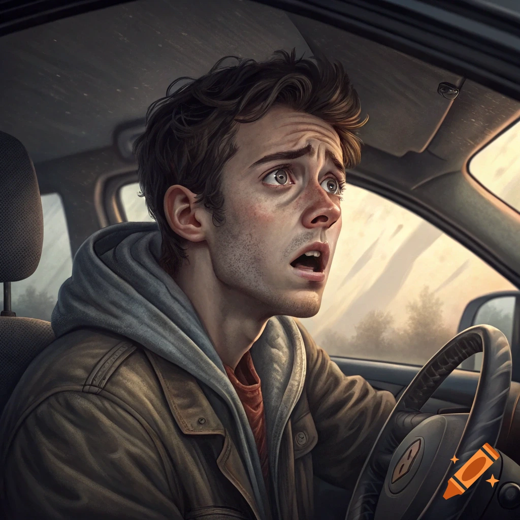 Worried young man driving a car.