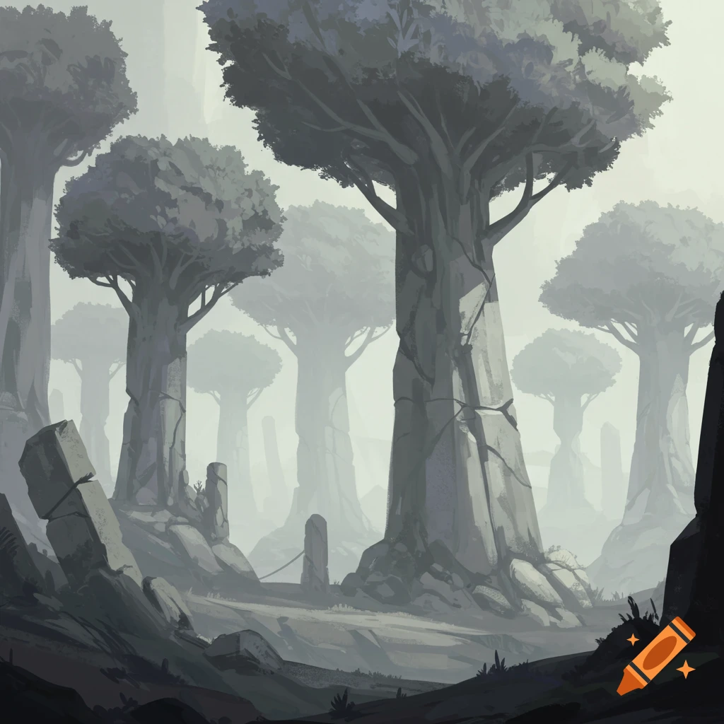 Illustration of a misty landscape with large, grey stone trees and rocky terrain.