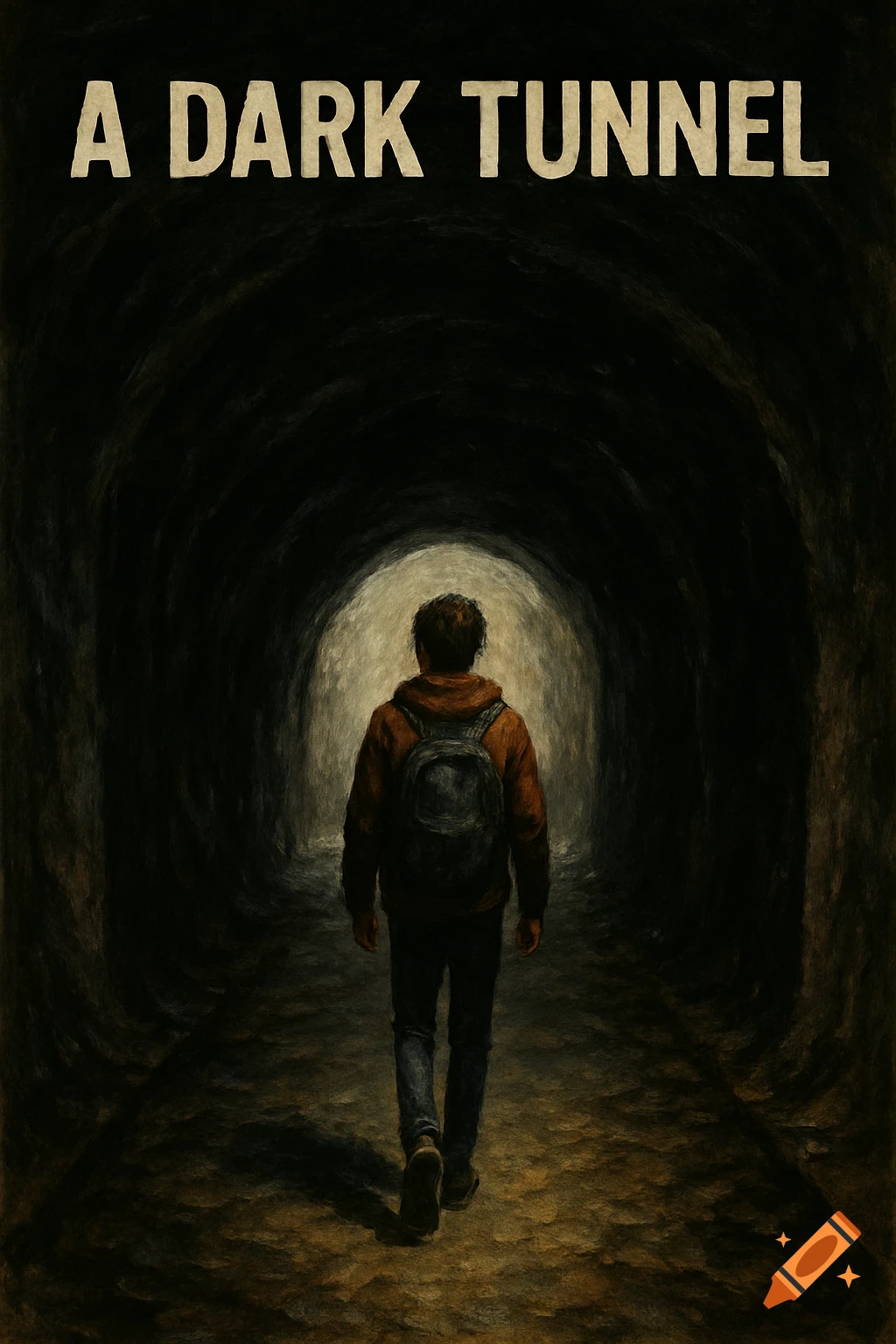 A person walks towards light in a dark, textured tunnel, with 'A DARK TUNNEL' text at the top.