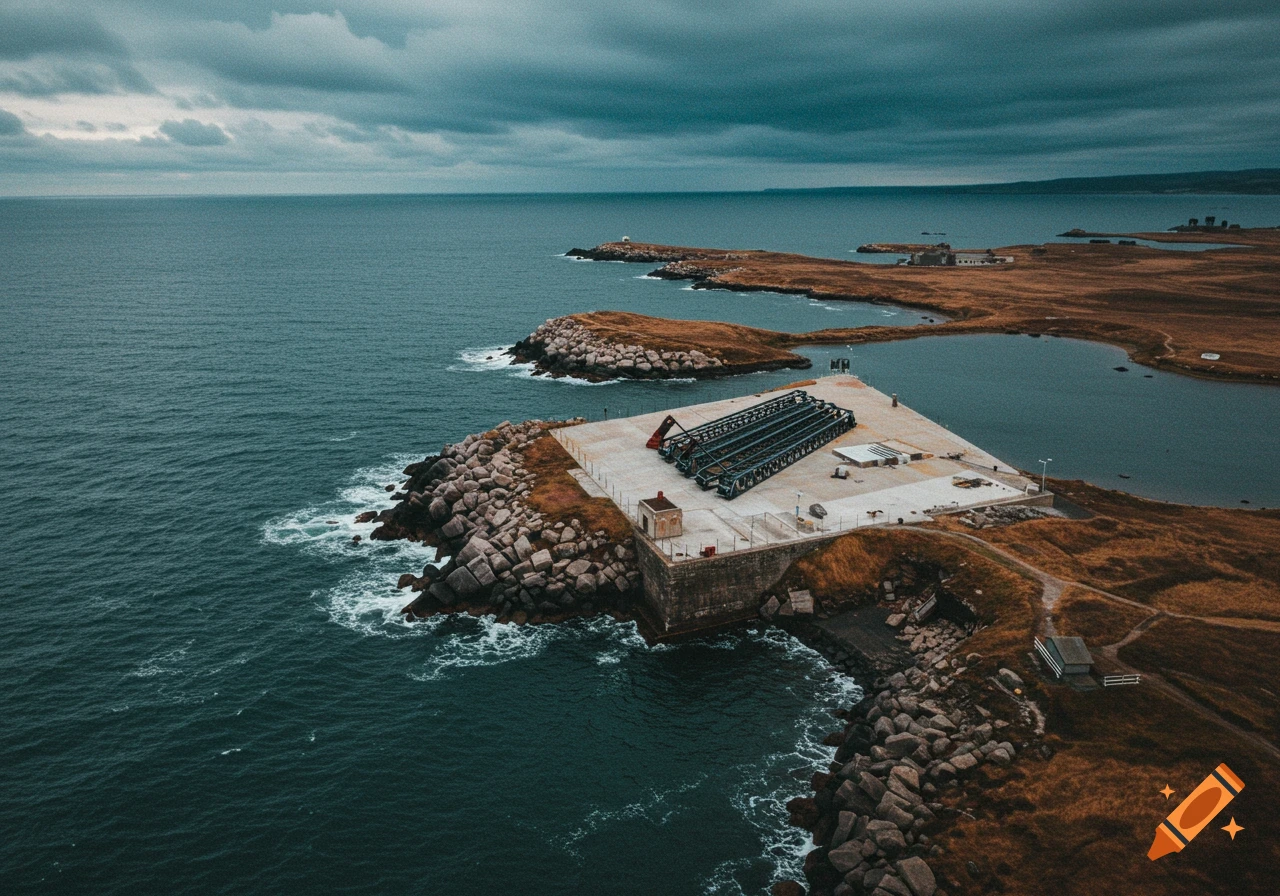 Aerial photo of a concrete structure on a rocky coastline under a dark, cloudy sky
