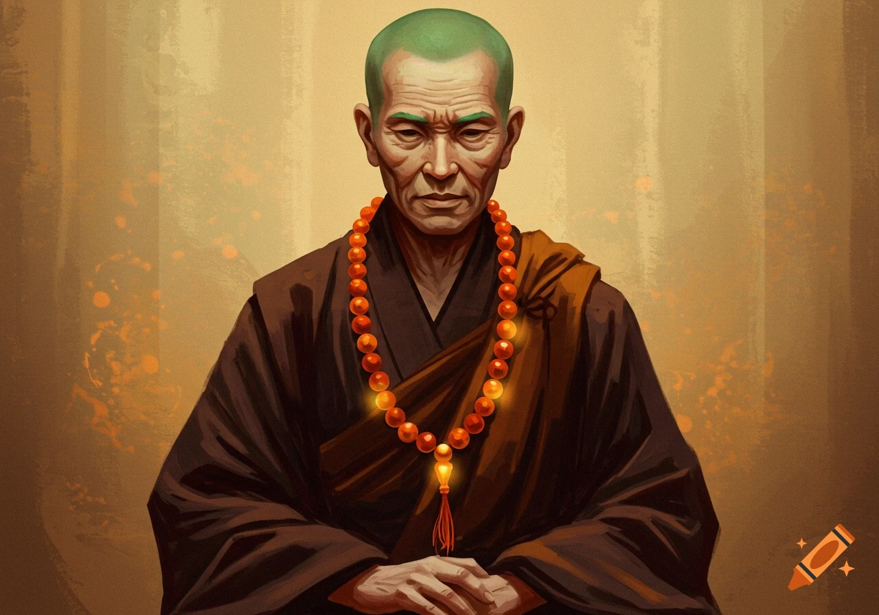 Painting of a green-haired monk in dark robes and orange beads around his neck.