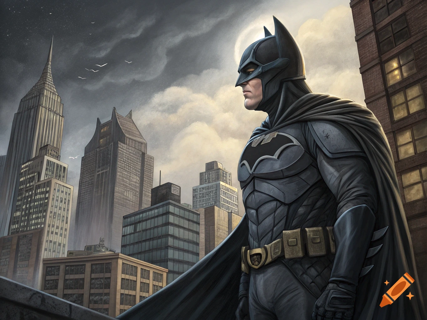 An illustration of Batman standing on a rooftop overlooking a city ...
