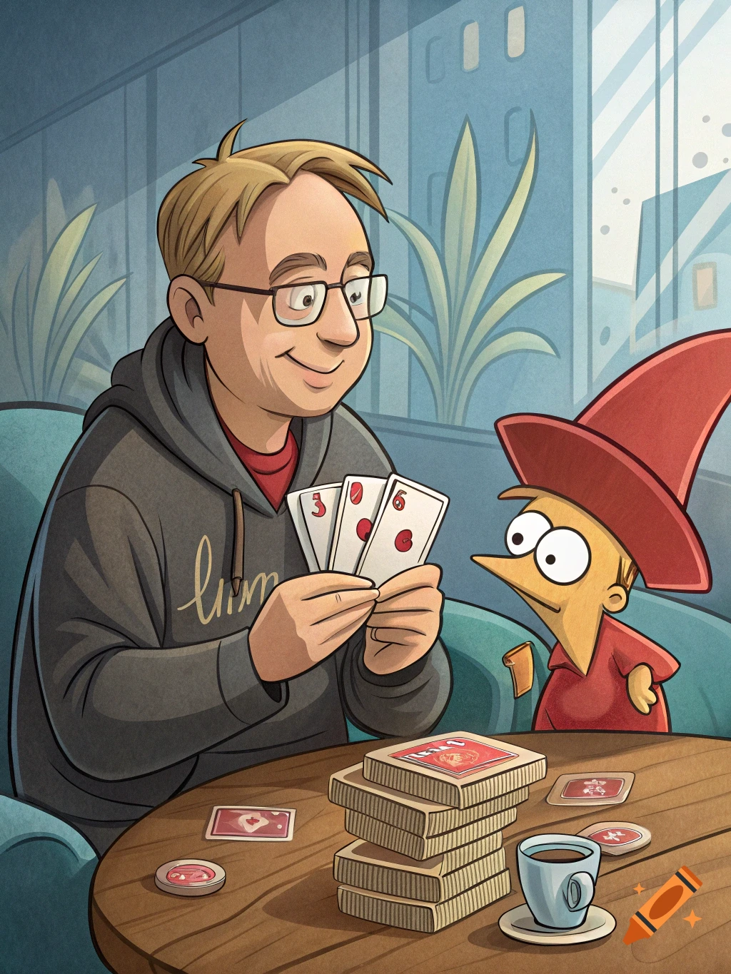 Cartoon of a man with glasses holding playing cards and smiling at a small character in a red hat across a table.