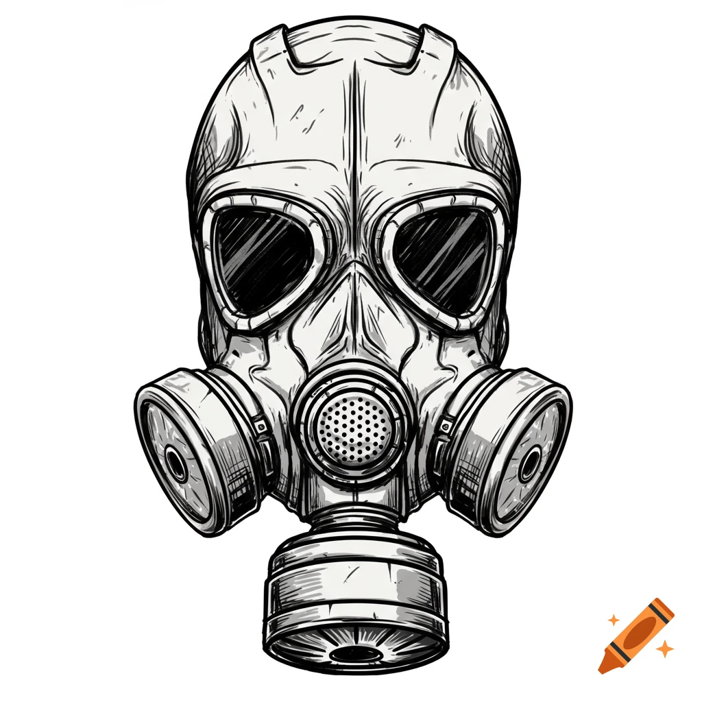 Black and white hand-drawn illustration of a gas mask