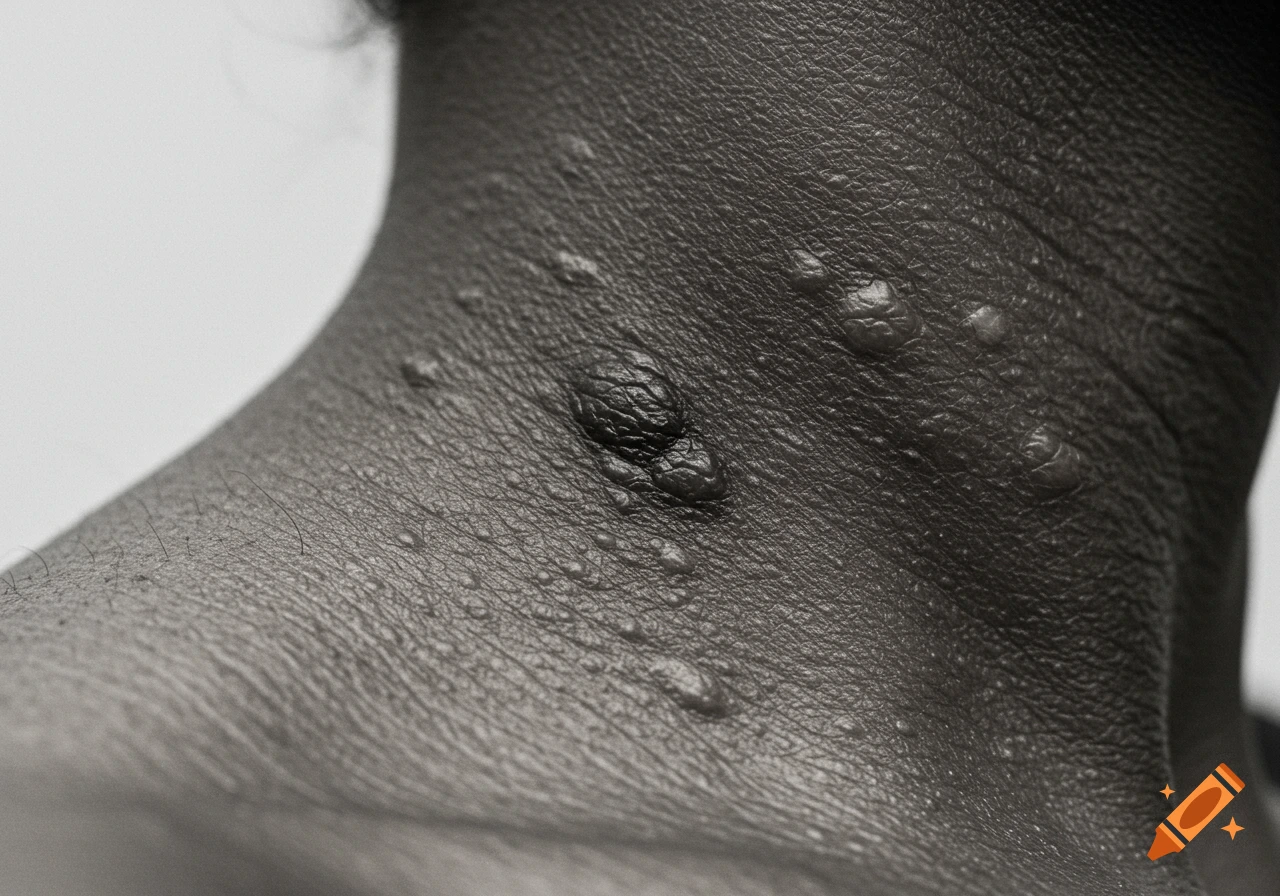 Close-up view of dark skin on a neck showing texture and bumps.