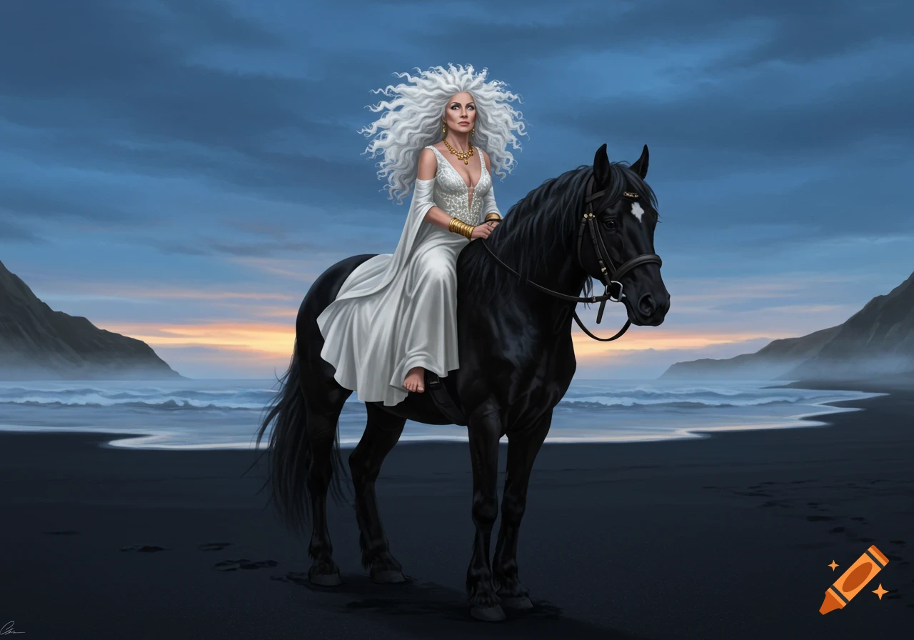 Fantasy woman with white hair riding a black horse on a black sand beach at blue hour