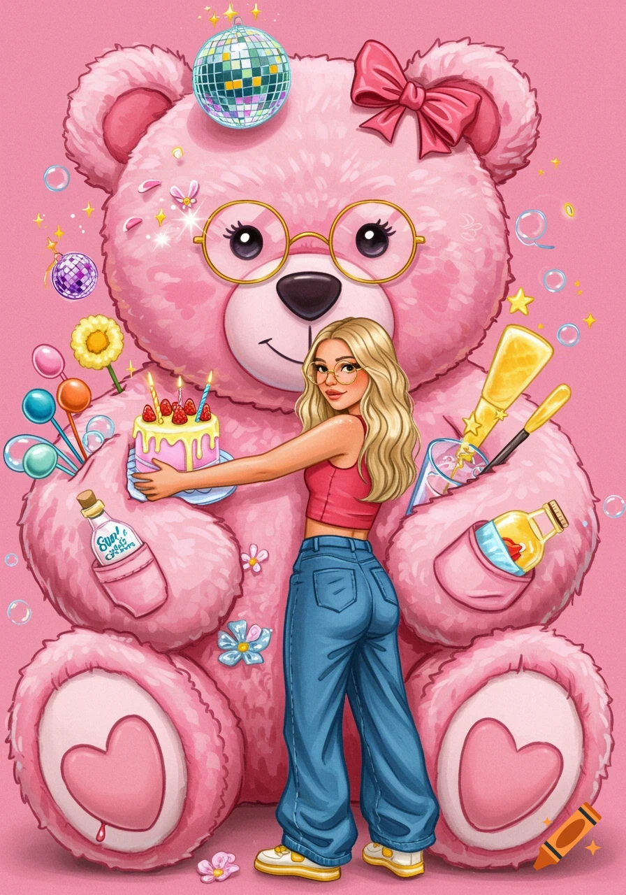 Cartoon illustration of a girl hugging a giant pink teddy bear with pockets full of party items like cake, disco balls, and bottles.